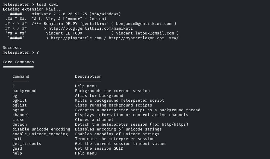 Loading the Kiwi extension in Meterpreter