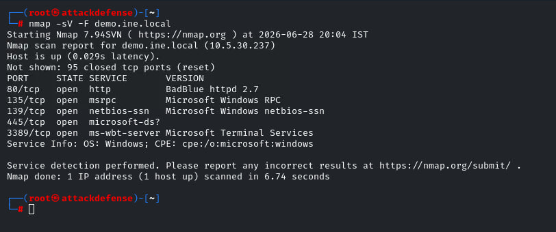 Nmap scan showing BadBlue and Windows services