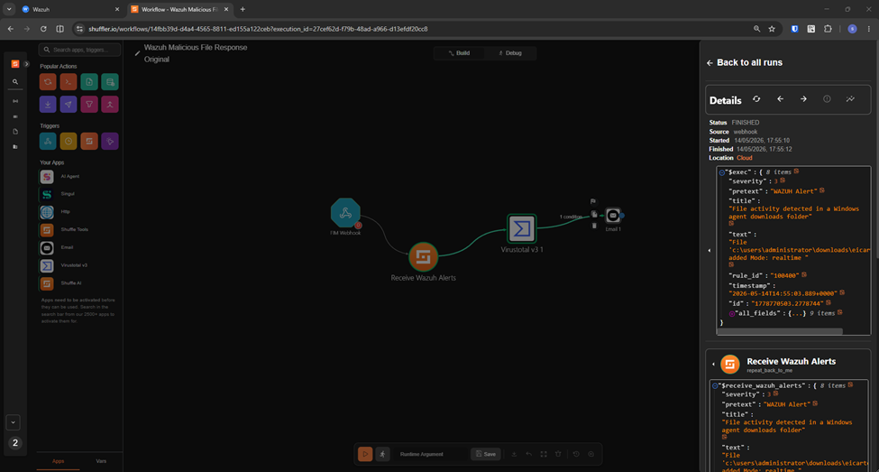 Shuffle EICAR workflow run