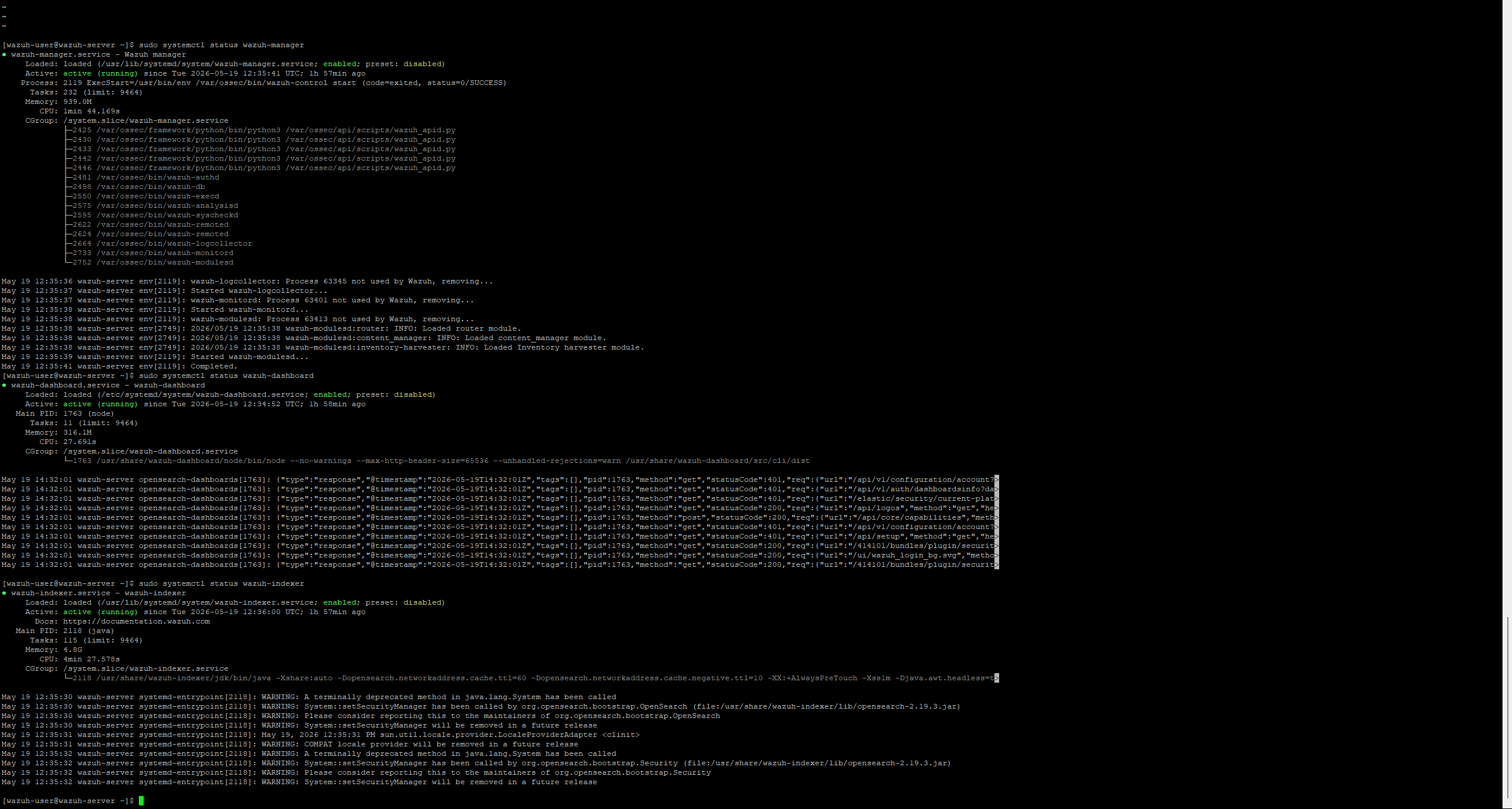 Wazuh services running in CLI