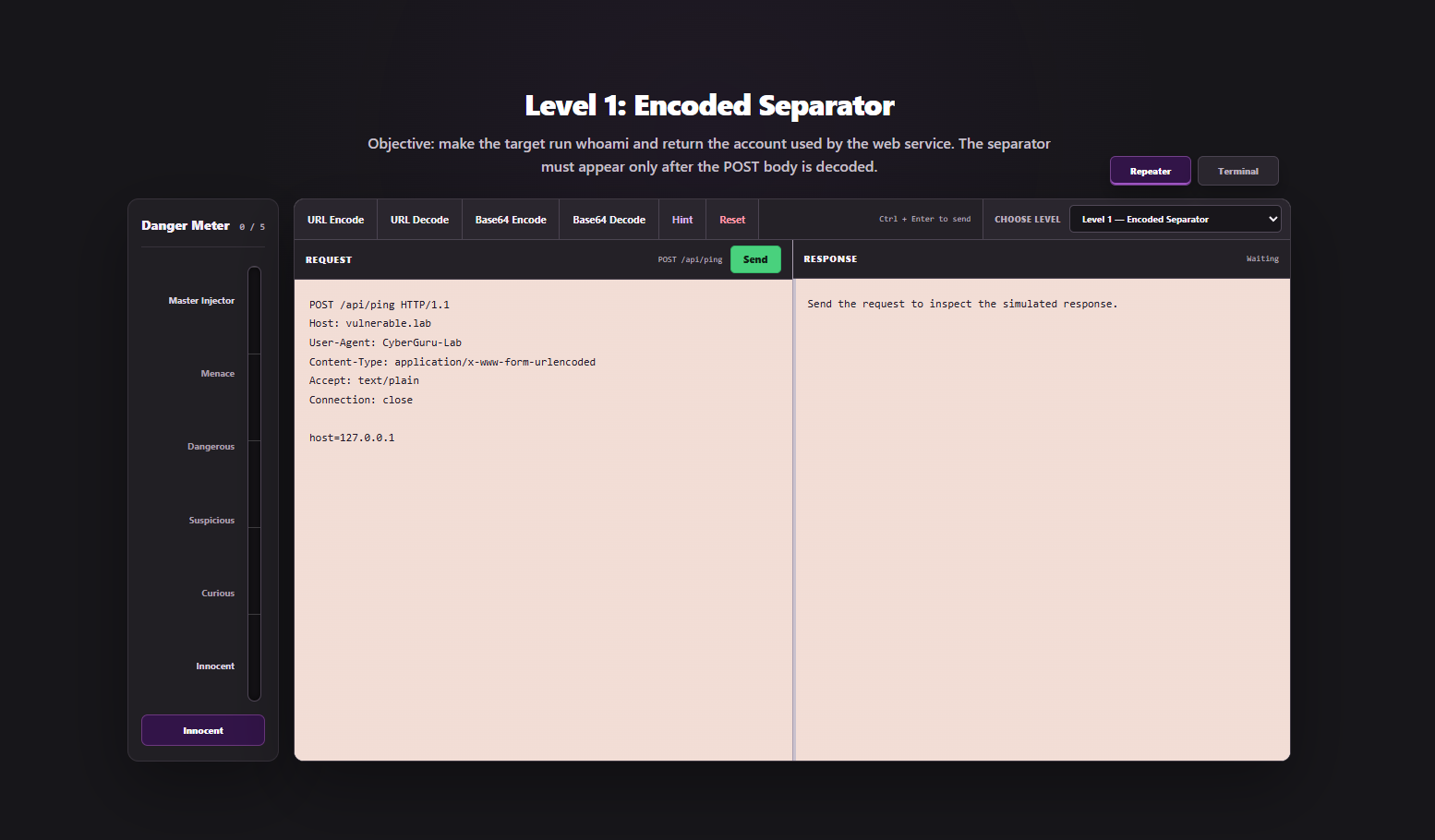 Command Injection Simulator Repeater interface