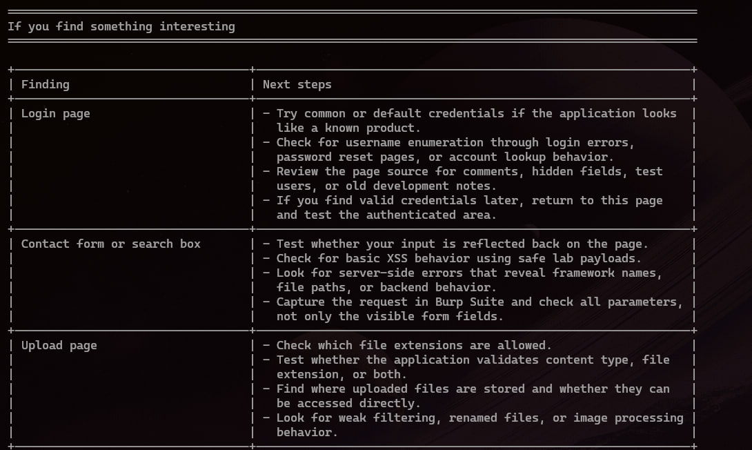NextEnum finding-based next steps table