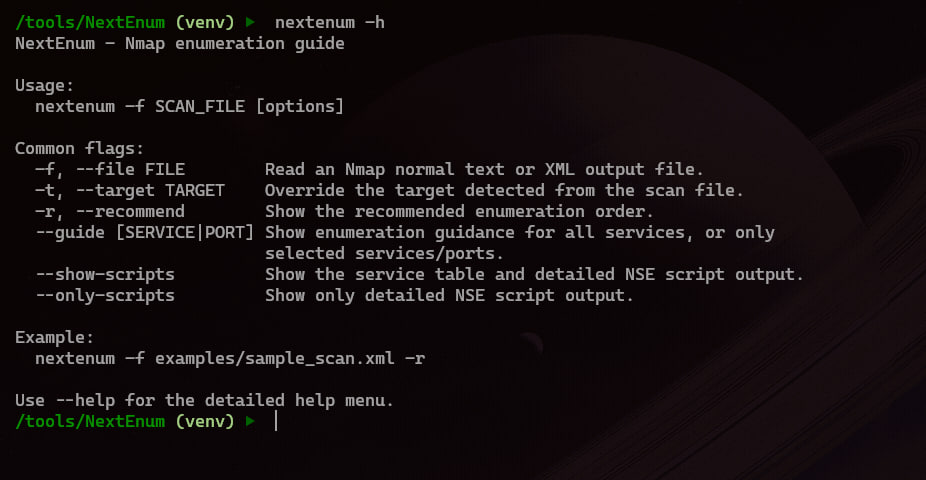 NextEnum terminal help menu showing the main flags