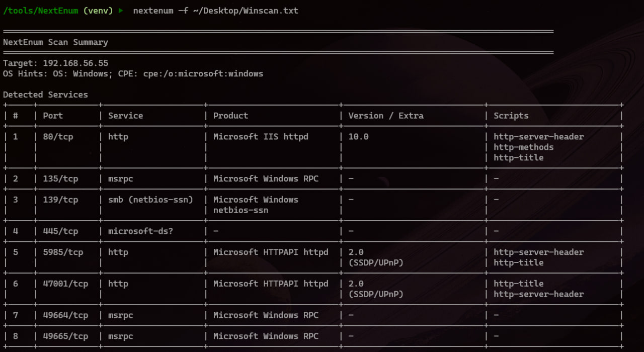 NextEnum scan summary table from a normal Nmap text file