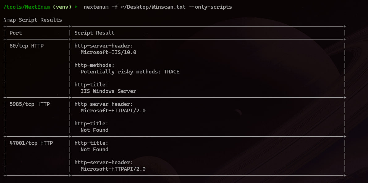 NextEnum only scripts mode showing NSE script output
